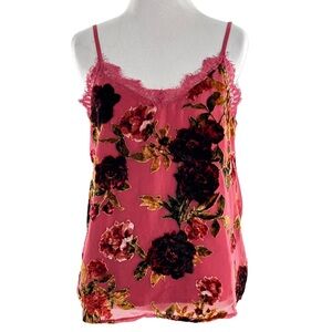 Vintage slip top M pink floral velvet lace trim camisole y2k 90s lightweight